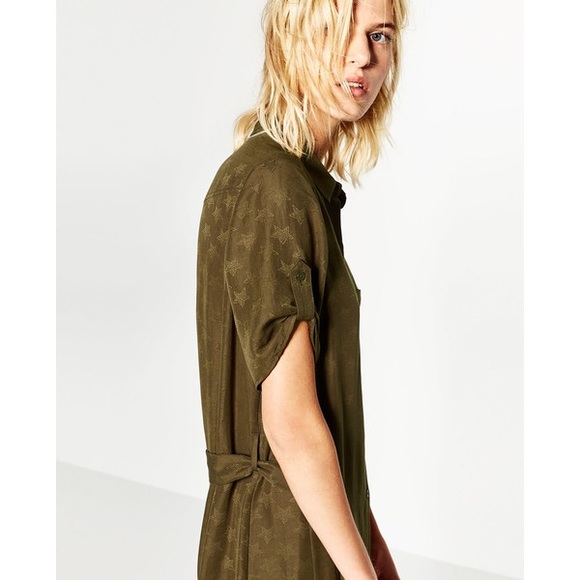 NWT Zara Green Khaki Satin Star Print Shirt Dress - Picture 3 of 8